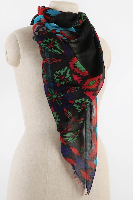 Pashma Black Printed Silk Cashmere Scarf