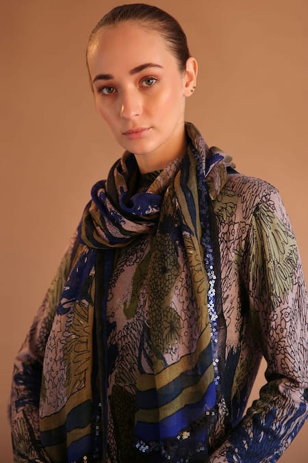 Pashma Blue Printed Silk Cashmere Scarf 