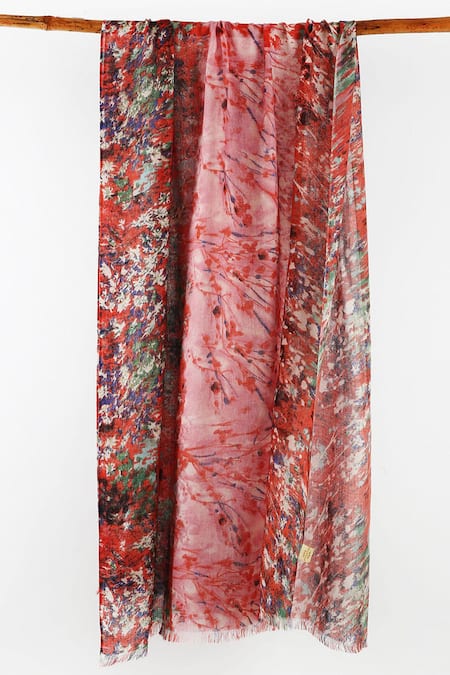 Shop Pashma Red Printed Silk Cashmere Scarf at Aza Fashions Shop_Pashma_Red Printed Silk Cashmere Scarf _at_Aza_Fashions