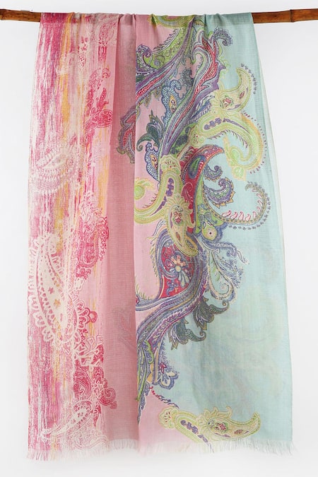 Shop_Pashma_Pink Silk Cashmere Hand Printed Scarf _at_Aza_Fashions