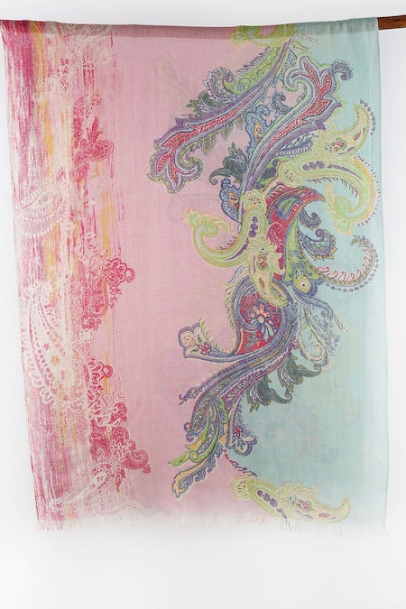 Pashma_Pink Silk Cashmere Hand Printed Scarf _Online_at_Aza_Fashions