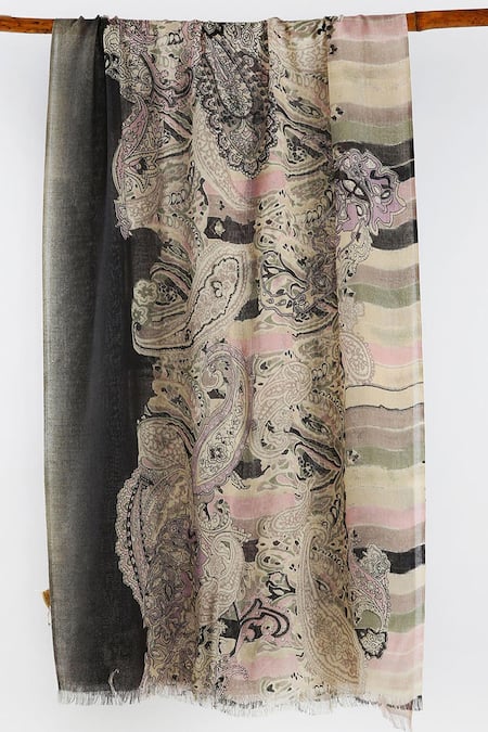 Shop Pashma Multi Color Silk Cashmere Hand Printed Scarf at Aza Fashions Shop_Pashma_Multi Color Silk Cashmere Hand Printed Scarf _at_Aza_Fashions