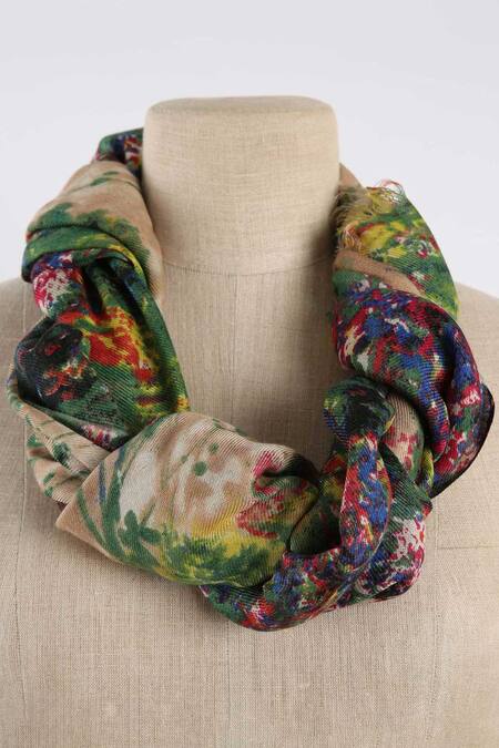 Pashma Multi Color Printed Silk Wool Cashmere Scarf