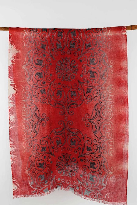 Shop Pashma Red Printed Silk Cashmere Scarf at Aza Fashions Shop_Pashma_Red Printed Silk Cashmere Scarf _at_Aza_Fashions