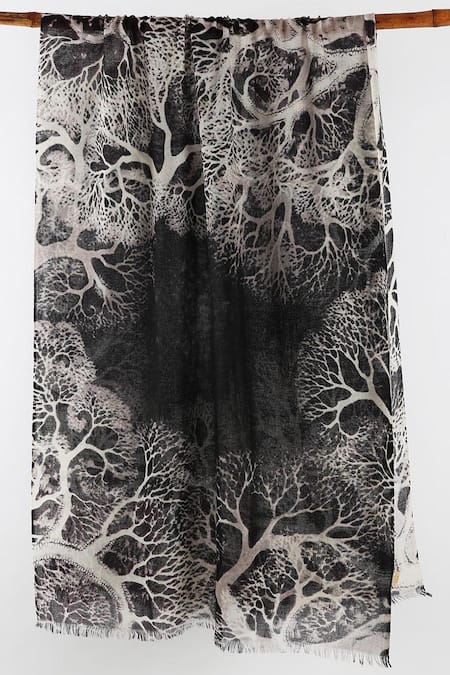 Pashma Black Printed Silk Cashmere Scarf 