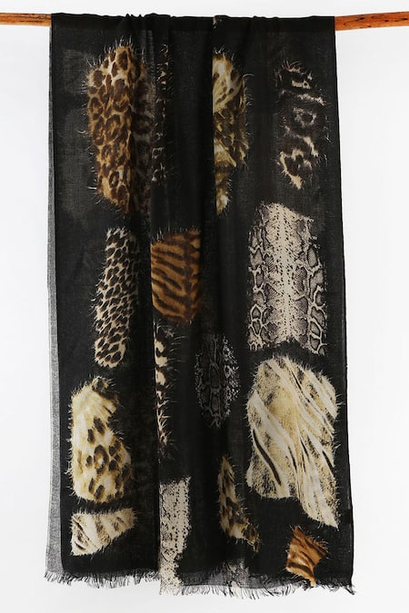 Shop Pashma Black Printed Silk Cashmere Animal Scarf at Aza Fashions Shop_Pashma_Black Printed Silk Cashmere Animal Scarf _at_Aza_Fashions