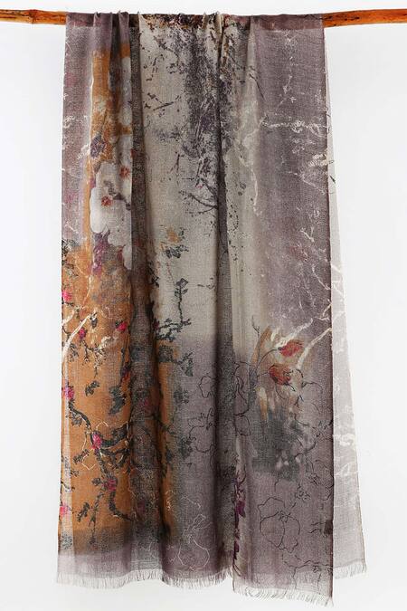 Shop Pashma Grey Printed Silk Cashmere Floral Scarf at Aza Fashions Shop_Pashma_Grey Printed Silk Cashmere Floral Scarf _at_Aza_Fashions