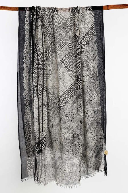 Shop Pashma Black Printed Silk Cashmere Floral Scarf at Aza Fashions Shop_Pashma_Black Printed Silk Cashmere Floral Scarf _at_Aza_Fashions