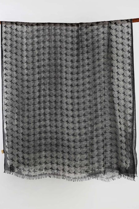 Pashma_Black Printed Silk Cashmere Houndstooth Scarf _Online_at_Aza_Fashions