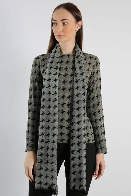 Pashma_Black Printed Silk Cashmere Houndstooth Scarf _Online_at_Aza_Fashions