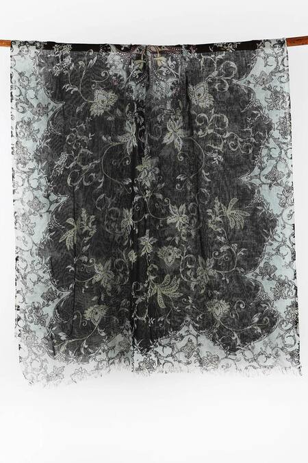 Shop Pashma Black Printed Silk Cashmere Floral Scarf at Aza Fashions Shop_Pashma_Black Printed Silk Cashmere Floral Scarf _at_Aza_Fashions