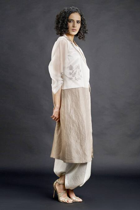 Bodhi Tree_Beige Silk Organza Embroidery Top V-neck Jacket Lapel Sheer And Dhoti Pant Set _Online_at_Aza_Fashions
