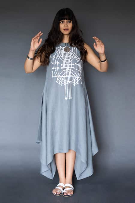 Taika By Poonam Bhagat Grey Linen Round Applique Dress 