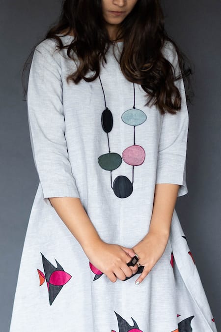 Shop Taika By Poonam Bhagat Grey Linen Round Neck Applique Dress at Aza Fashions Shop_Taika By Poonam Bhagat_Grey Linen Round Neck Applique Dress _at_Aza_Fashions
