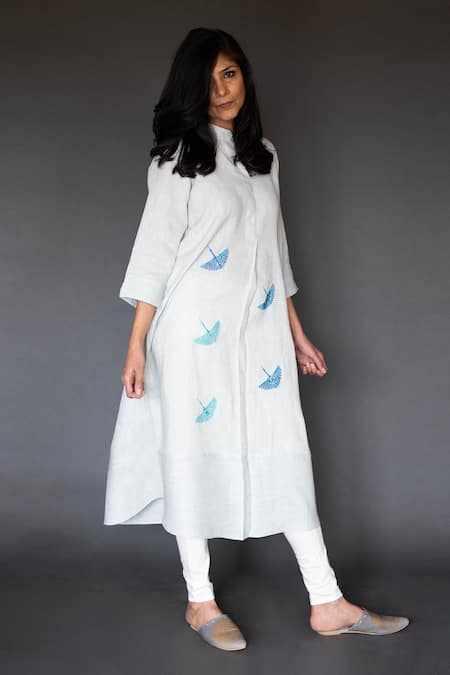 Taika By Poonam Bhagat White Linen Mandarin Collar Embroidered Tunic  