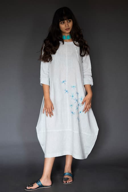 Taika by Poonam Bhagat White Linen Round Embroidered Dress 