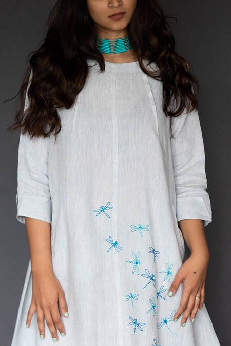 Shop Taika By Poonam Bhagat Blue Linen Round Neck Embroidered Dress at Aza Fashions Shop_Taika By Poonam Bhagat_Blue Linen Round Neck Embroidered Dress _at_Aza_Fashions