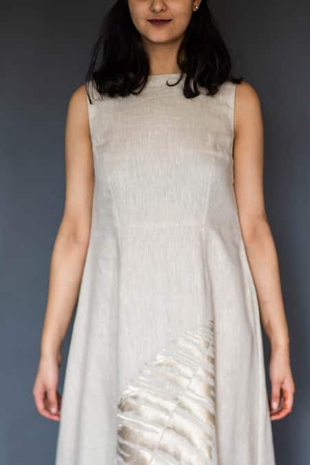 Shop Taika By Poonam Bhagat Beige Linen Boat Embellished Dress at Aza Fashions Shop_Taika By Poonam Bhagat_Beige Linen Boat Embellished Dress _at_Aza_Fashions