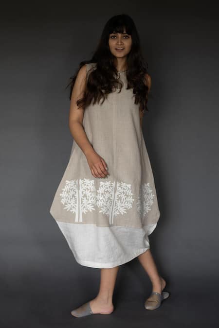 Taika By Poonam Bhagat Beige Linen Round Applique Dress 