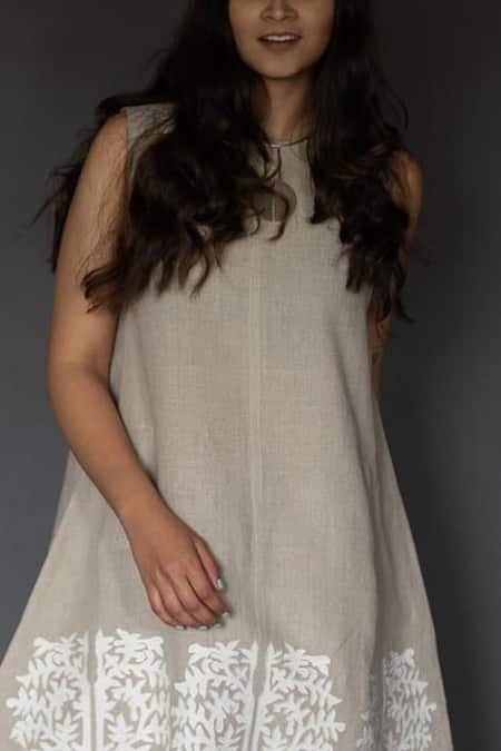 Shop Taika By Poonam Bhagat Beige Linen Round Applique Dress at Aza Fashions Shop_Taika By Poonam Bhagat_Beige Linen Round Applique Dress _at_Aza_Fashions