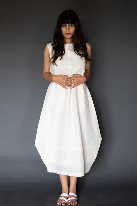 Taika By Poonam Bhagat White Linen Round Embroidered Dress 