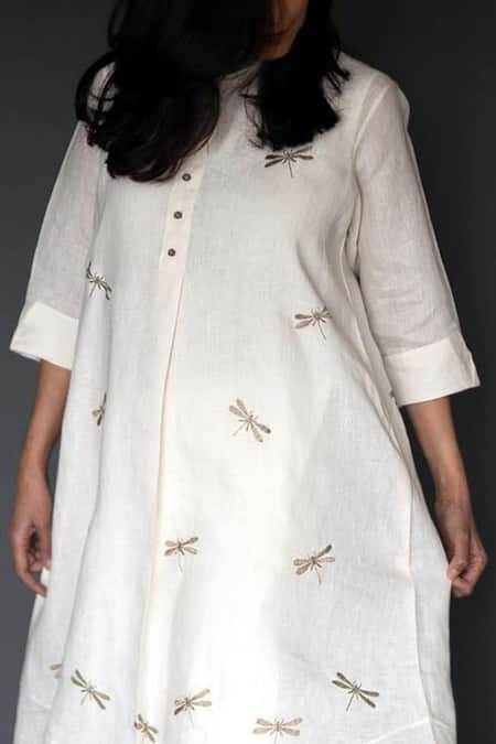 Shop Taika By Poonam Bhagat White Linen Mandarin Collar Embroidered Tunic at Aza Fashions Shop_Taika By Poonam Bhagat_White Linen Mandarin Collar Embroidered Tunic _at_Aza_Fashions