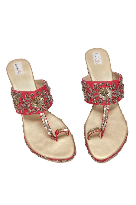 Shop Fuchsia by aashaka mehta Pink Embroidery Floral Kolhapuri Wedges at Aza Fashions Shop_Fuchsia by aashaka mehta_Pink Embroidery Floral Kolhapuri Wedges _at_Aza_Fashions