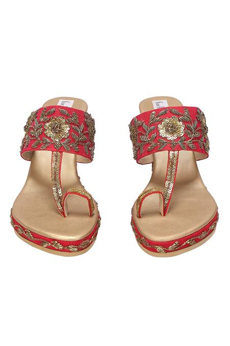 Shop Fuchsia by aashaka mehta Pink Embroidery Floral Kolhapuri Wedges Online at Aza Fashions Shop_Fuchsia by aashaka mehta_Pink Embroidery Floral Kolhapuri Wedges _Online_at_Aza_Fashions