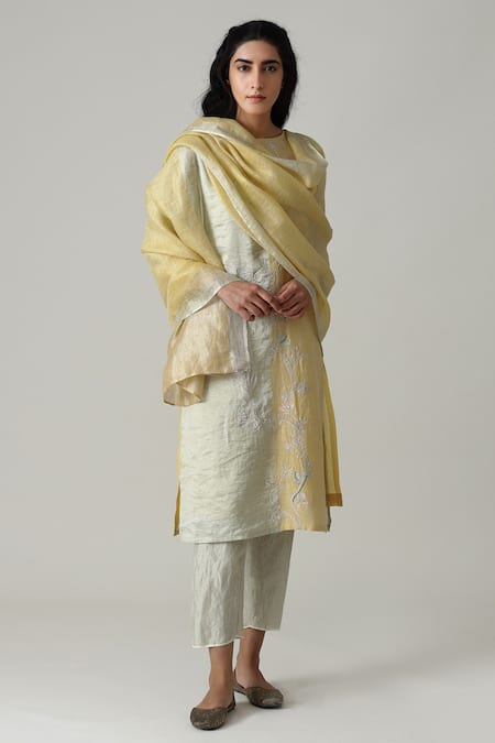 Manan Yellow Metallic Linen Kurta Set