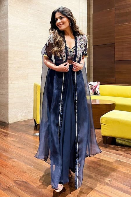 Buy Seema Thukral Blue Choli And Skirt Georgette Cape Organza Lining Embellished & Draped Set Online at Aza Fashions Buy_Seema Thukral_Blue Choli And Skirt Georgette Cape Organza Lining Embellished & Draped Set _Online_at_Aza_Fashions