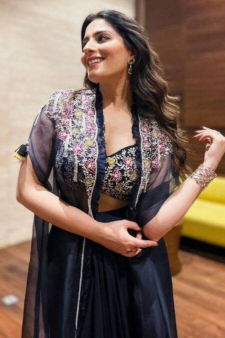 Shop Seema Thukral Blue Choli And Skirt Georgette Cape Organza Lining Embellished & Draped Set Online at Aza Fashions Shop_Seema Thukral_Blue Choli And Skirt Georgette Cape Organza Lining Embellished & Draped Set _Online_at_Aza_Fashions