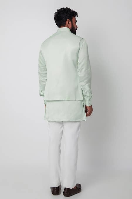 Shop_SPRING BREAK_Green Linen Satin Trousers Cotton Bundi And Kurta Set _at_Aza_Fashions