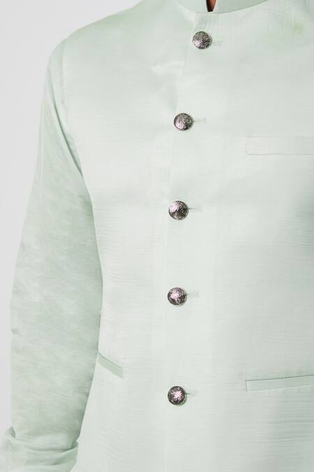 SPRING BREAK_Green Linen Satin Trousers Cotton Bundi And Kurta Set _Online_at_Aza_Fashions