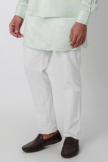Buy_SPRING BREAK_Green Linen Satin Trousers Cotton Bundi And Kurta Set _Online_at_Aza_Fashions