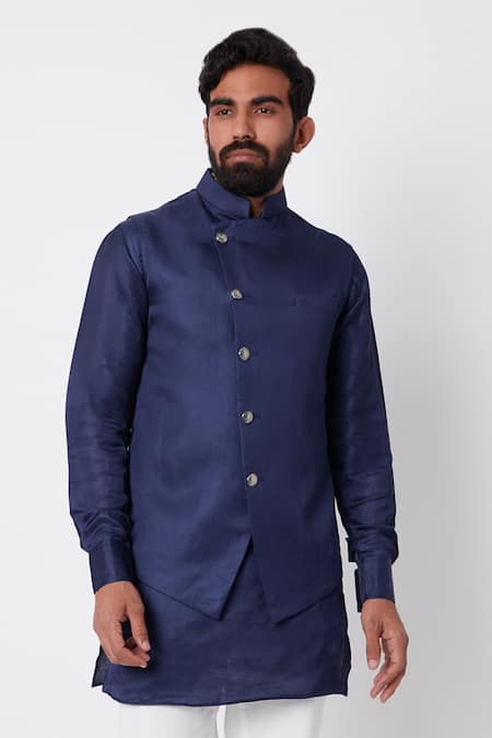 Spring Break_Blue Linen Satin Trousers Cotton Bundi And Kurta Set_Online_at_Aza_Fashions