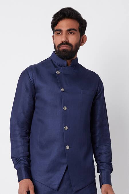 Buy_Spring Break_Blue Linen Satin Trousers Cotton Bundi And Kurta Set_Online_at_Aza_Fashions