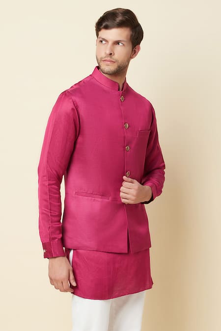 Spring Break_Pink Linen Satin Bundi And Kurta Set _Online_at_Aza_Fashions