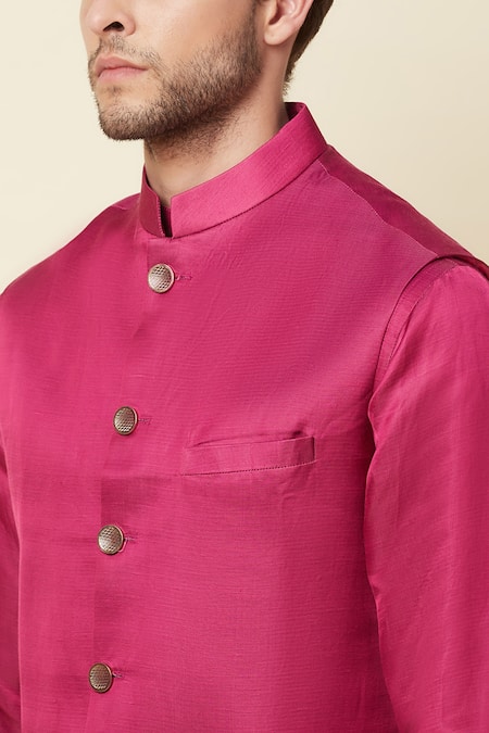 Spring Break_Pink Linen Satin Bundi And Kurta Set _at_Aza_Fashions