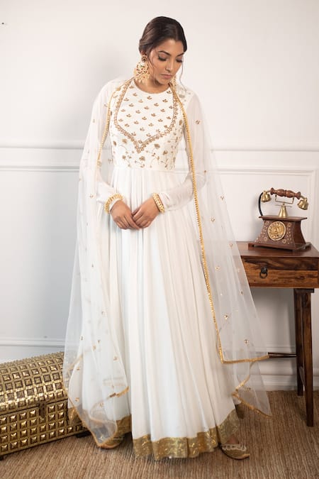Najma Off White Colour Embroidered Short Anarkali With Blue Colour Sharara  And Off White Colour Dupatta