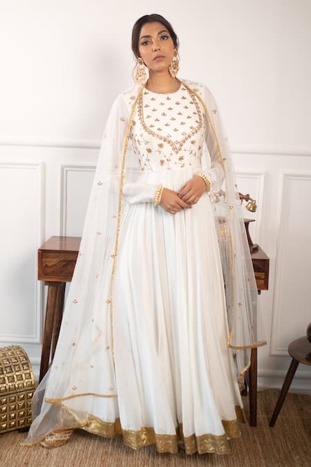 Parul Gandhi_White Raw , Paper Round Embroidered Anarkali With Dupatta _Online_at_Aza_Fashions