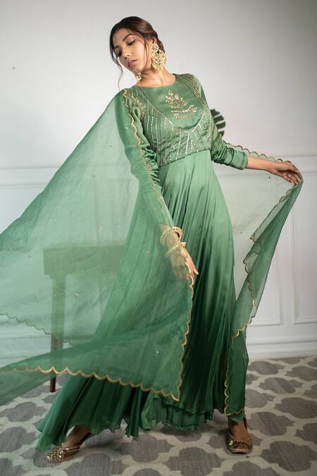 Parul Gandhi_Green Butter Silk Round Embroidered Anarkali With Dupatta _Online_at_Aza_Fashions