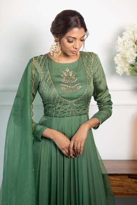 Shop_Parul Gandhi_Green Butter Silk Round Embroidered Anarkali With Dupatta _Online_at_Aza_Fashions