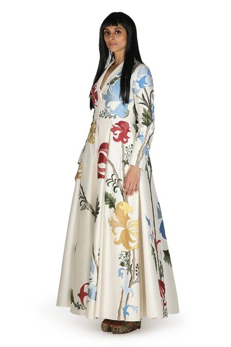 Samant Chauhan White Silk Lining Embroidery Lapel Collar Gown Online at Aza Fashions Samant Chauhan_White Silk Lining Embroidery Lapel Collar Gown _Online_at_Aza_Fashions