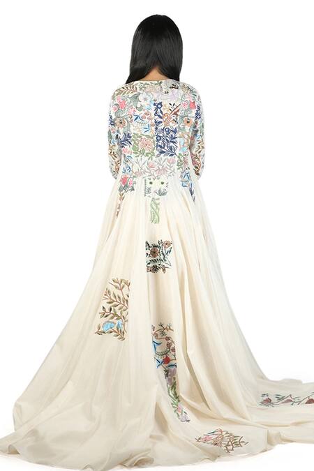 Golden Printed Art Silk Gown with Jacket in Off White : TJW1636