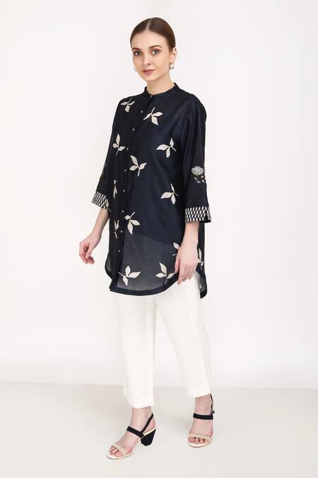 Buy_Arcvsh By Pallavi Singh_Blue Linen, Silk Chanderi Leaf, Brick Mandarin Collar Print Shirt And Pant Set _Online_at_Aza_Fashions