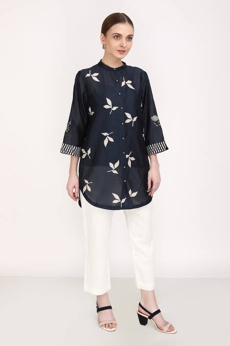 Shop_Arcvsh By Pallavi Singh_Blue Linen, Silk Chanderi Leaf, Brick Mandarin Collar Print Shirt And Pant Set _Online_at_Aza_Fashions