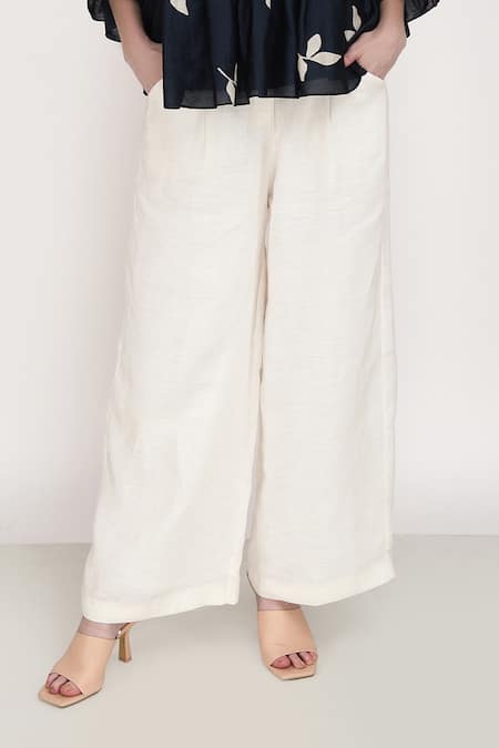 Arcvsh By Pallavi Singh Blue Linen, Silk Chanderi Leaf Round Print Top And Pant Set at Aza Fashions Arcvsh By Pallavi Singh_Blue Linen, Silk Chanderi Leaf Round Print Top And Pant Set _at_Aza_Fashions