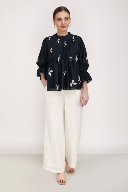 Arcvsh By Pallavi Singh_Blue Linen, Silk Chanderi Leaf Round Print Top And Pant Set _Online_at_Aza_Fashions