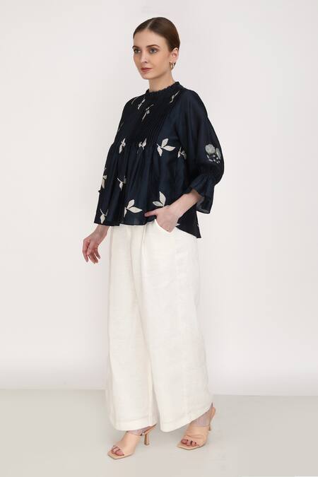 Buy_Arcvsh By Pallavi Singh_Blue Linen, Silk Chanderi Leaf Round Print Top And Pant Set _Online_at_Aza_Fashions