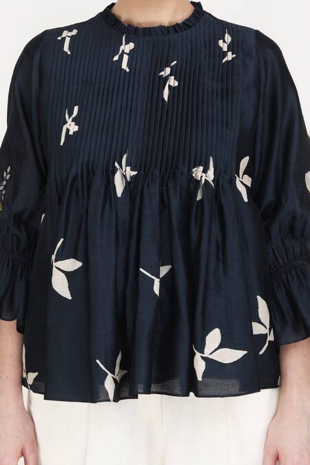 Shop_Arcvsh By Pallavi Singh_Blue Linen, Silk Chanderi Leaf Round Print Top And Pant Set _Online_at_Aza_Fashions